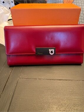 Salvatore Ferragamo Burgundy Leather Clutch with Signature Gancini